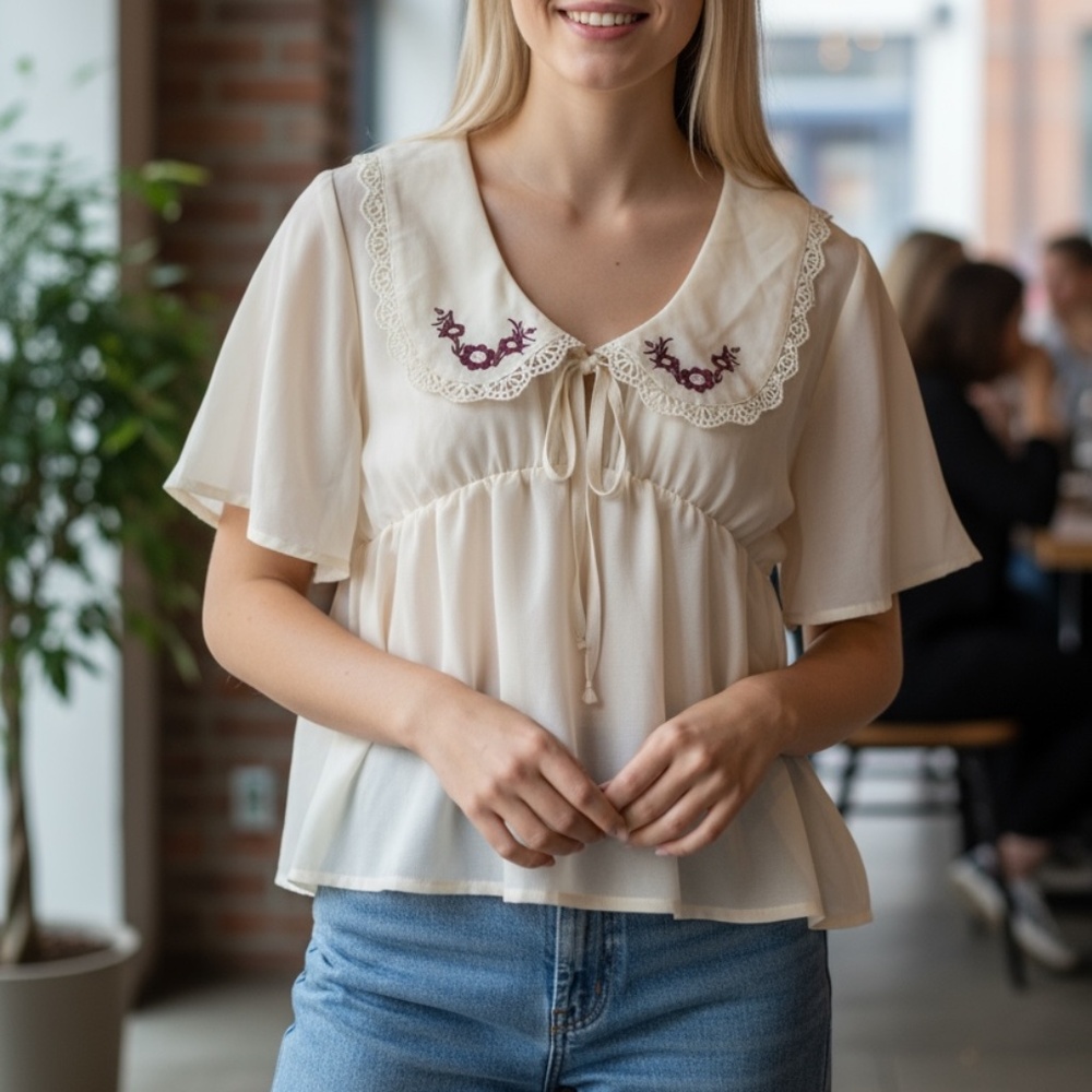 Altar'd State Cream Peplum Blouse with Embroidered Collar